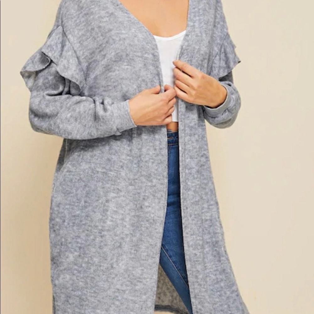 Ruffle trim long cardigan